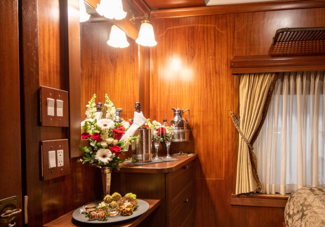 A dresser in a train car.