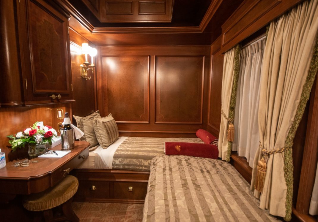 Two twin beds in a train car